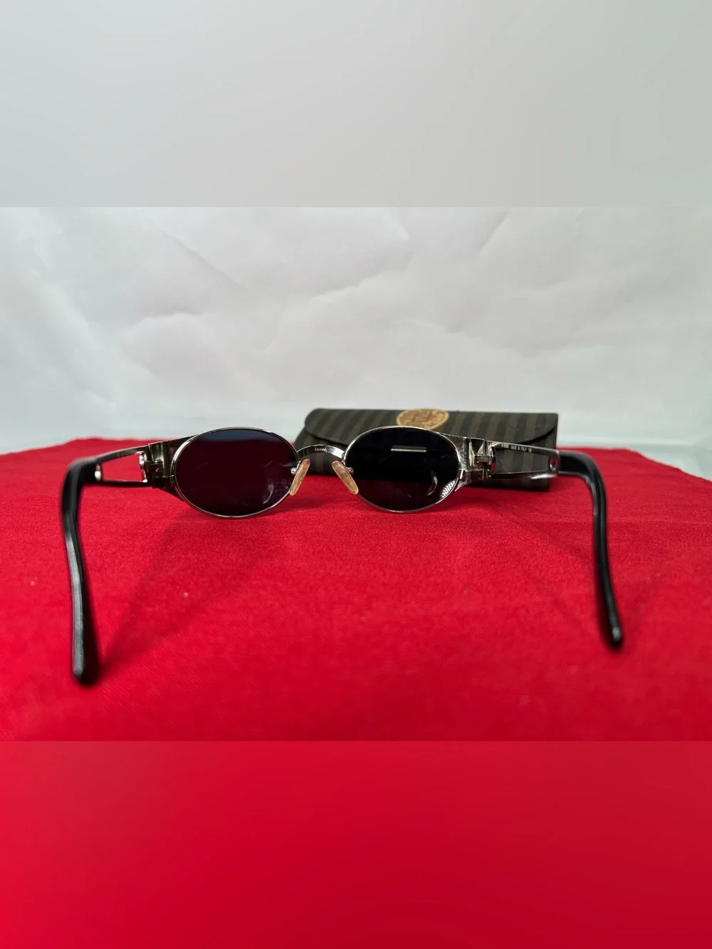Vintage Fendi FS 142 Black Oval Sunglasses with Striped Case